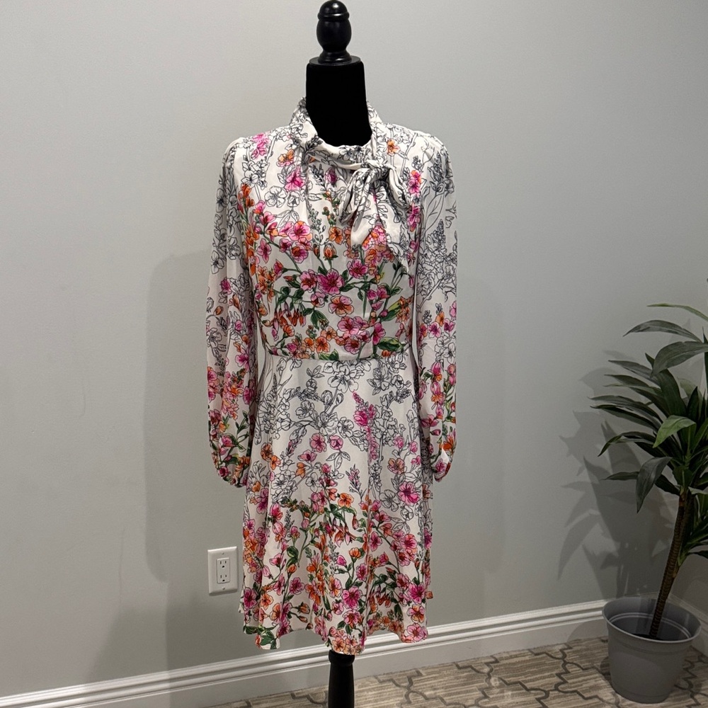Maggy London Floral Long Sleeve Dress with Tie-Neck
